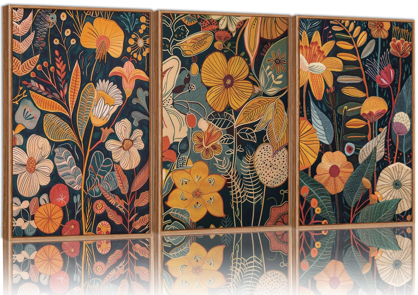 SIGNINART Orange Floral Framed Canvas Wall Art Set of 3, Mid Century Modern Flower Wall Decor, Neutral Plant Artwork, Boho Botanical Art Prints for Bedroom Living Room Office 16"x24"x3