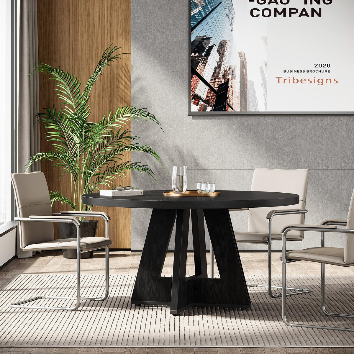 Tribesigns 47-Inch Round Conference Table for 4-6 People, Wooden Meeting Room Table with Thicken Tabletop and Wood Base (Black)