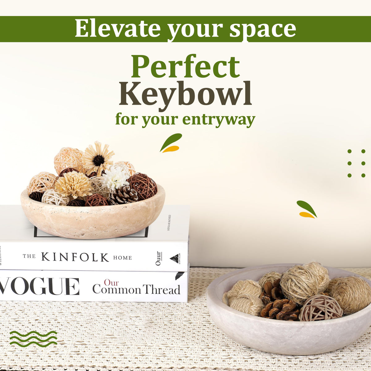 FNTSTICGOODS Travertine Decorative Bowl - 7.8” Diameter & 2” Height - Key Bowl for Entryway Table - Travertine - Organic Modern Centerpiece - Beige/Natural
