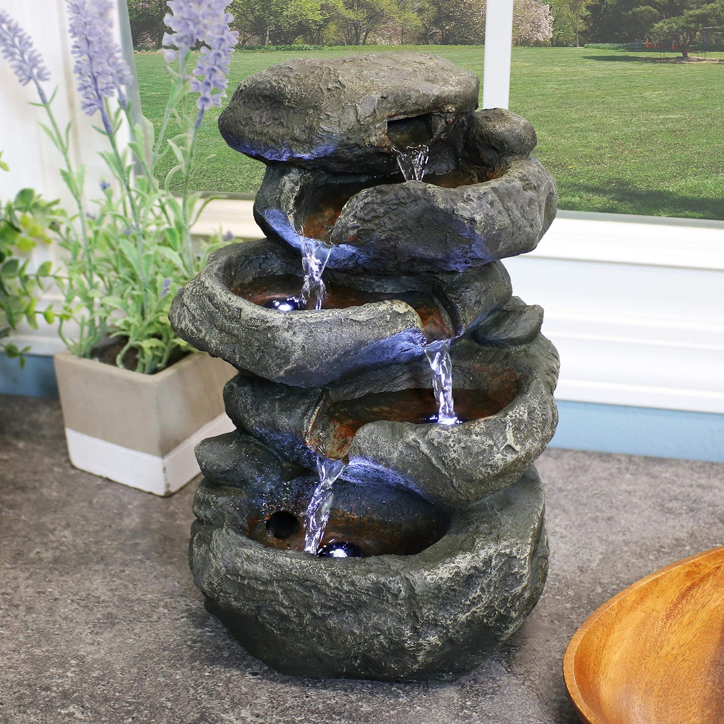Sunnydaze Tabletop Water Fountain - Stacked Rocks 10.5 Inch Relaxing Desktop Water Fountain with LED Lights - Office, Bedroom, Living Room