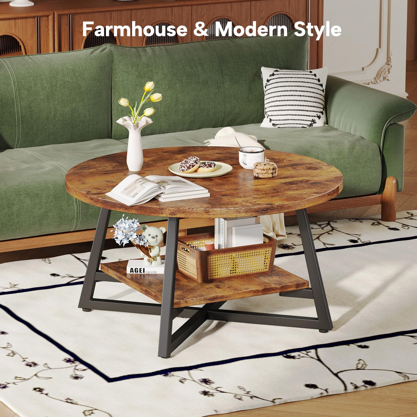 Round Coffee Table, Small Circle Coffee Table with Storage, Modern Wood Round Center Table for Living Room, Home Office, Small Space, Easy Assembly, Rustic Brown