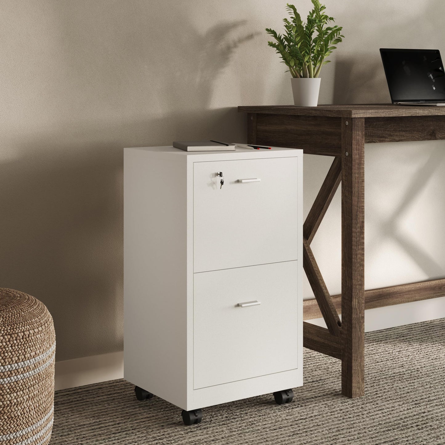 File Cabinet - 2-Drawer Cabinet with Lock and Deep Drawer Storage - Rolling Filing Cabinet for Under The Desk, Home, or Office by Lavish Home (White)