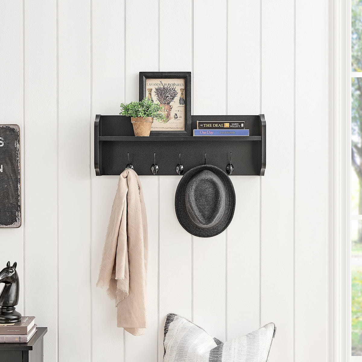 Danya B. Entryway Floating Utility Wall Shelf with Hooks – Wall Mounted (Black)