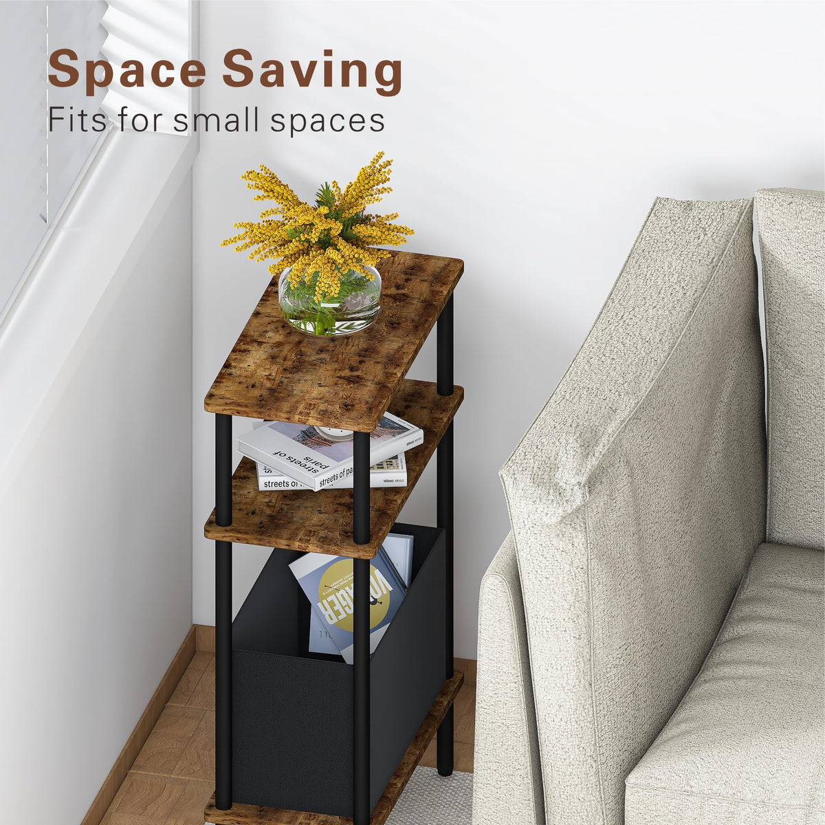Newmics Narrow Side Table with Fabric Basket, End Table for Small Spaces, Slim Nightstand with 3-Tier Storage Shelf, Sofa Beside Table, for Living Room, Bed Room, Rustic Brown