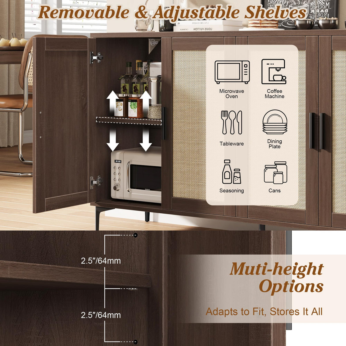 JASIWAY Buffet Cabinet with Storage, 48" Rattan Sideboard with Adjustable Shelves, Modern Coffee Bar Cabinet Console Table with Doors, Credenza for Kitchen, Living Room, Entryway, Dining Room, Walnut