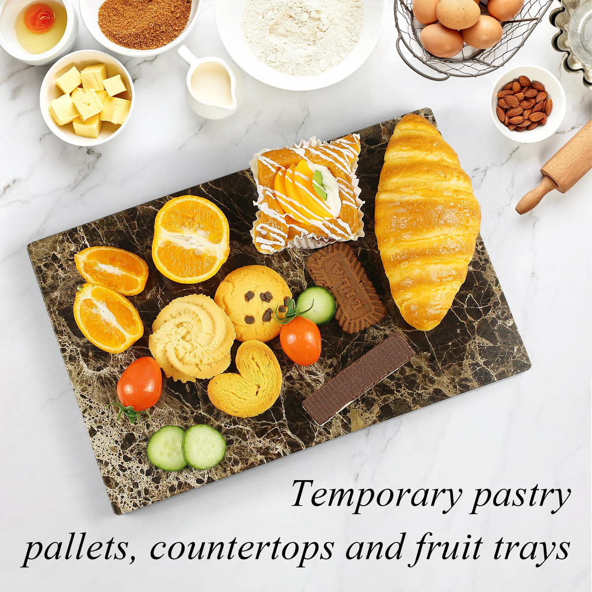Nature Marble Cutting Board - 12 * 8 Inch Polished Stone Cutting Board Countertop, Stone Charcuterie Tray with Non-Slip Base for Kitchen, Gift for Grill Masters, Baking Lover and Home Chefs (Brown)