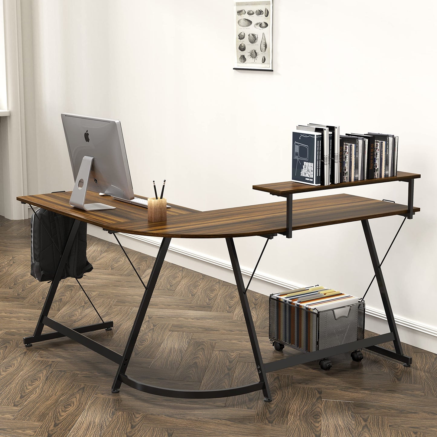 SHW 51 x 51 Inches Vista L-Shaped Desk with Monitor Stand and Drawer, Walnut