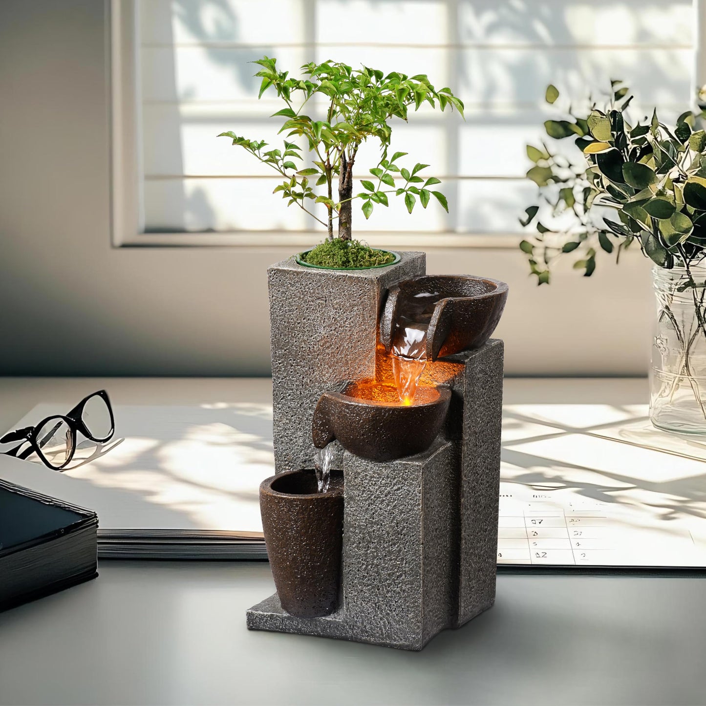 Mseonwxi Resin Tabletop Waterfall Fountain with LED Light & Plant Pot, Indoor Desk Water Fountains for Home Office Decor (22028N)