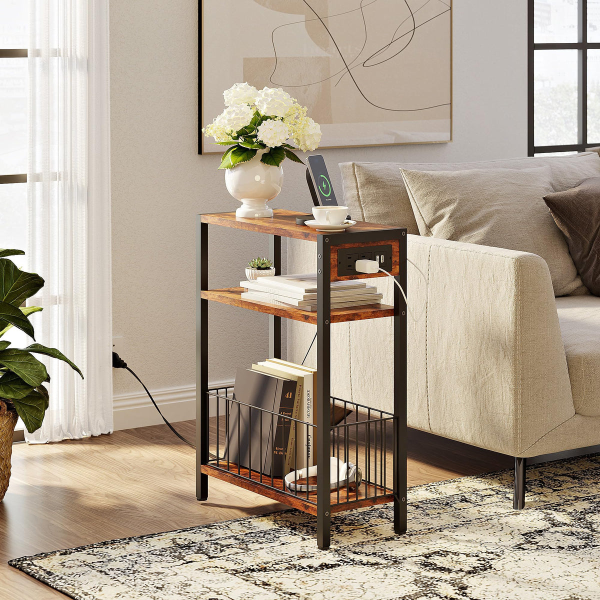 TRIFEBLE Narrow Side Table with Charging Station, Small End Table for Small Spaces, Slim Nightstand with Storage Basket, 3 Tier Skinny Bedside Table for Living Room, Bedroom, Rustic Brown