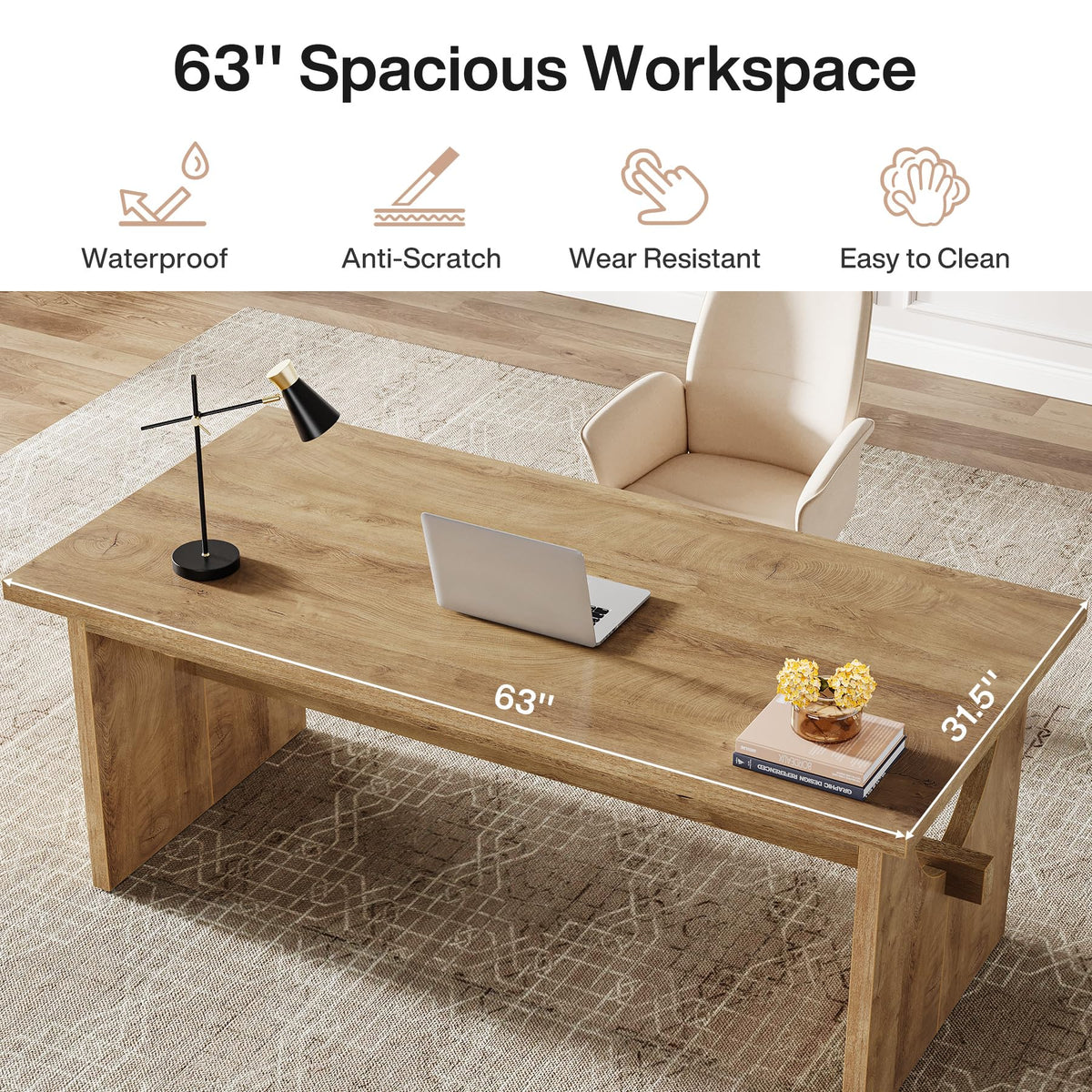 Tribesigns Executive Office Desk, 63-Inch Farmhouse Computer Desk, Large Writing Study Conference Table with Sturdy Legs, Business Workstation Table for Home Office, Rustic Brown
