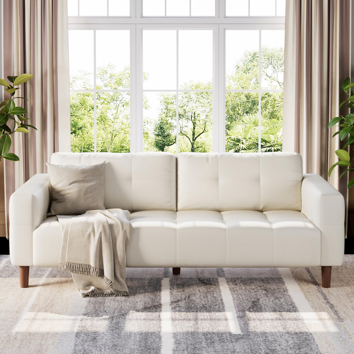 IDEALHOUSE 83” Beige Faux Leather Couch, 3 Seater Sofa Couches with 2 Removable Back Cushions for Living Room, Large Mid Century Modern Office Apartment Couch (Beige)