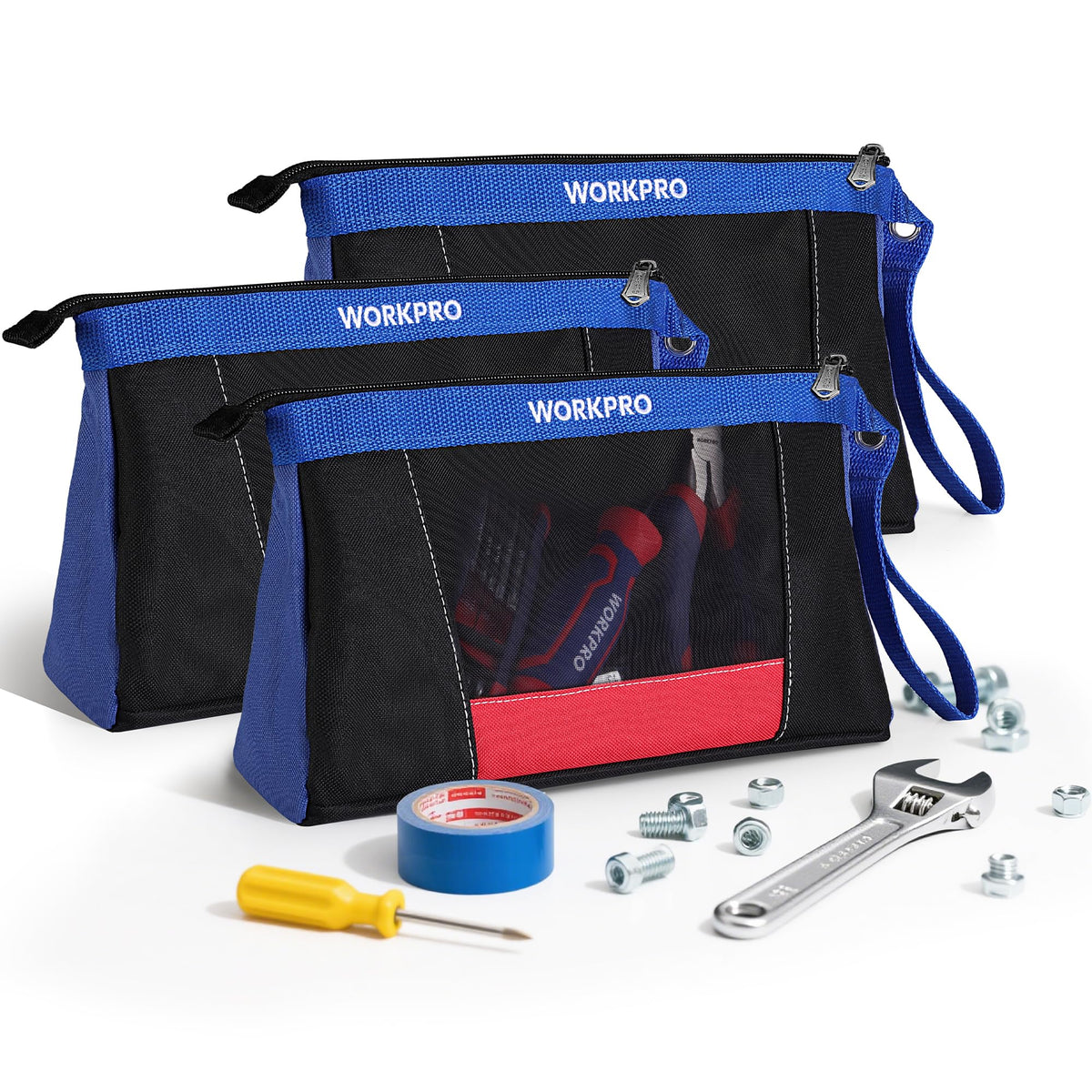 WORKPRO 12" Tool Pouches with Zipper, Heavy-Duty Small Tool Bag, Utility small tool pouch for Tool Organizers and Storage, Mini Tool Bag, 3 Pack
