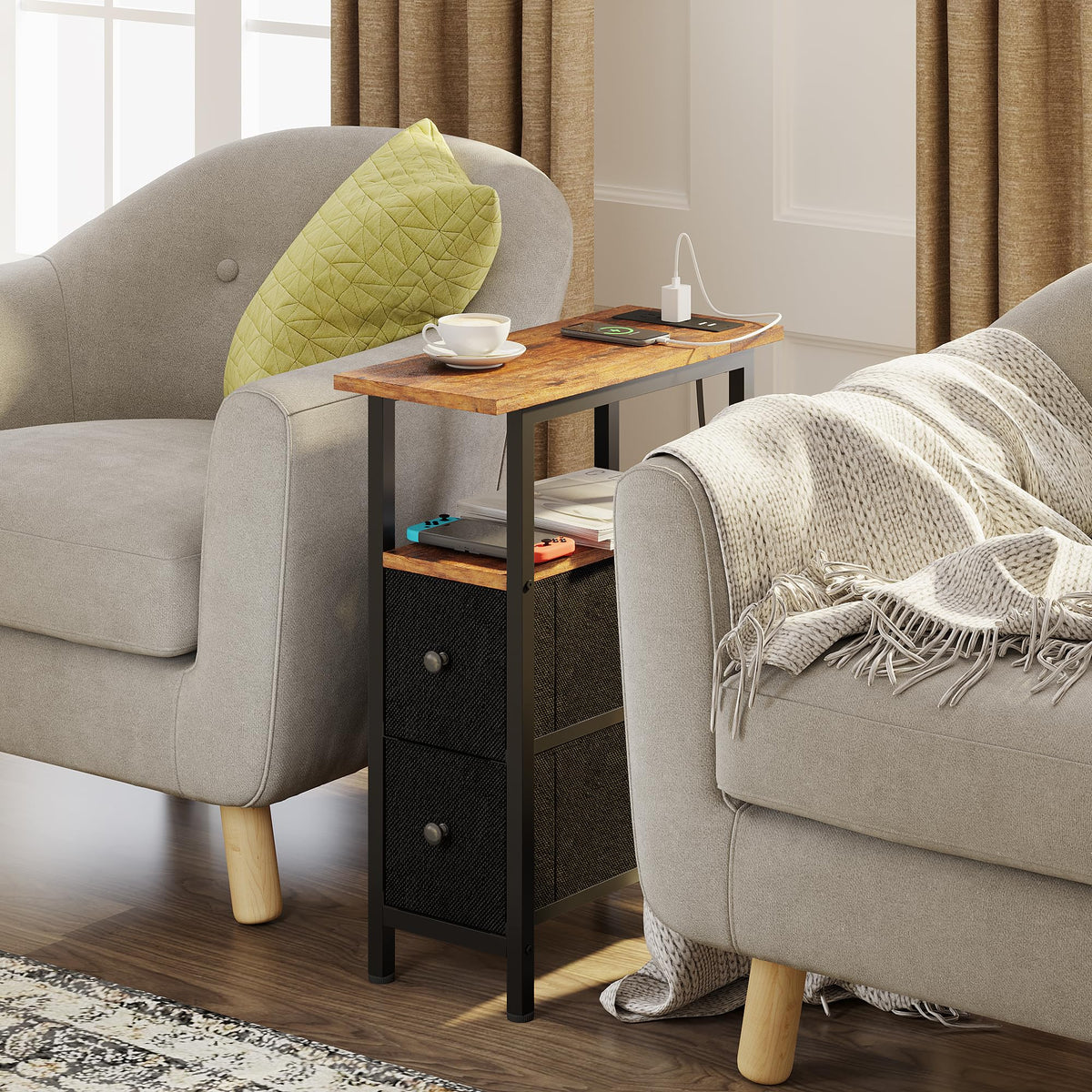 TRIFEBLE End Table with Charging Station, Narrow Side Table with 2 Fabric Drawers, Skinny Nightstand with LED Light, Slim Bedside Table for Bedroom, Living Room, Small Spaces, Rustic Brown and Black