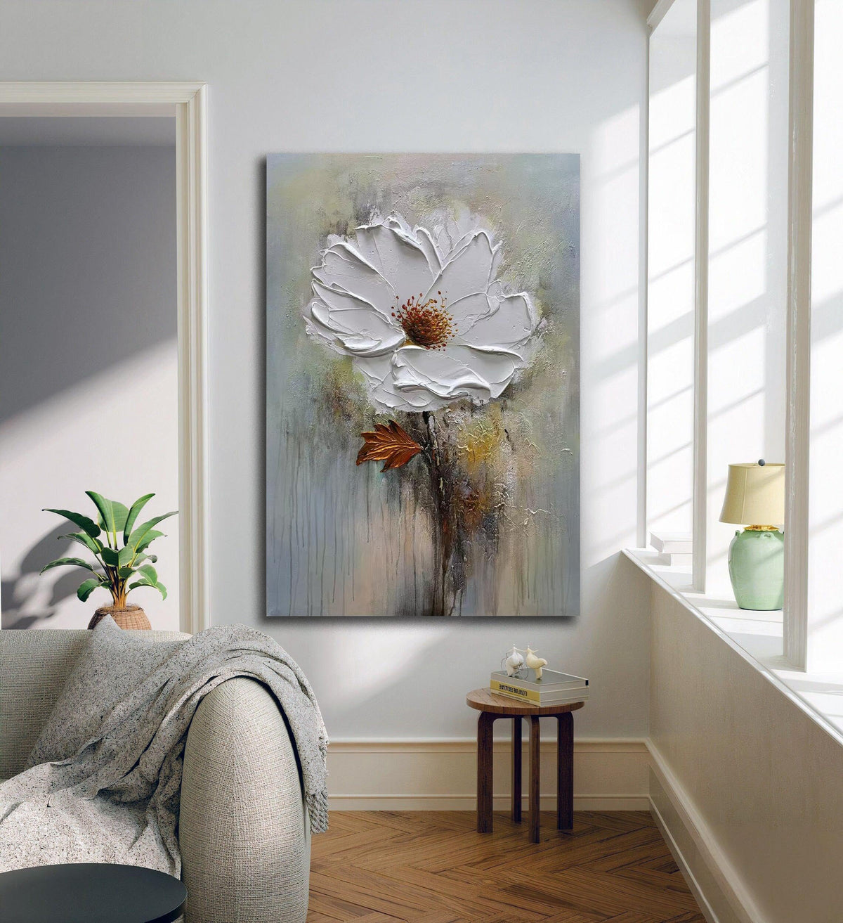 moshinart 24 x 36in Hand-Painted Oil Painting 3D Texture Black White Grey Modern Minimalist Black Abstract Wall Art, Home Office Wall Decoration White Flower