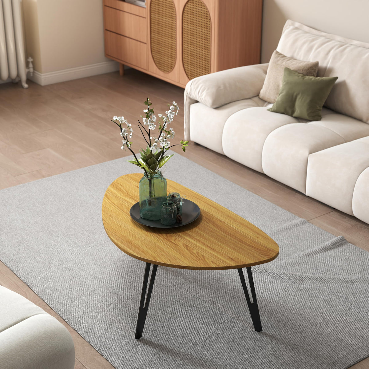Manora Modern Mid Century Coffee Table, Oval Triangle Wood Center Table with Sturdy Metal Legs, Stylish Living Room Accent Table for Small Spaces