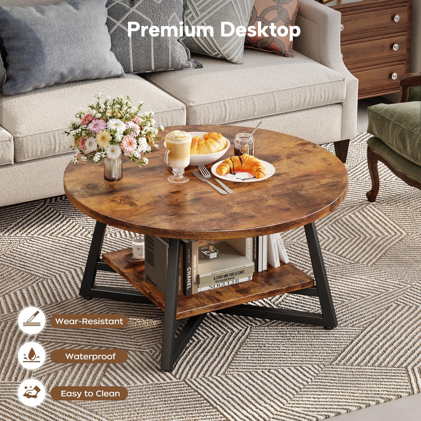 Round Coffee Table, Small Circle Coffee Table with Storage, Modern Wood Round Center Table for Living Room, Home Office, Small Space, Easy Assembly, Rustic Brown