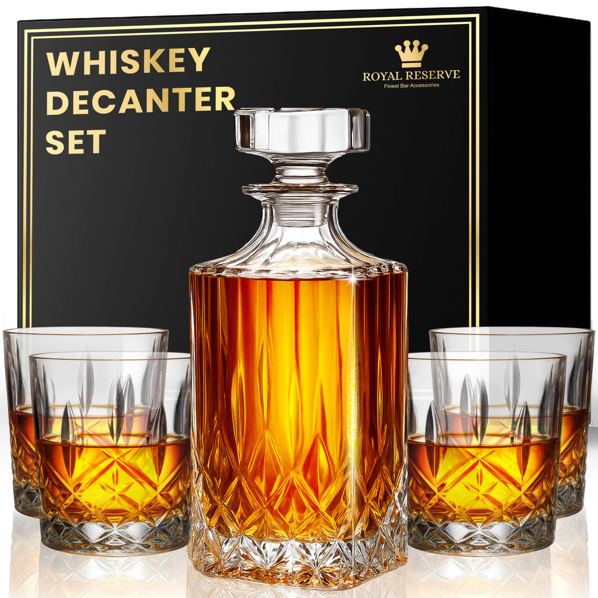 Whiskey Decanter Set by Royal Reserve - Crystal Liquor Bourbon Decanter 24oz 700ml with 4 Glasses in Magnetic Box - Gifts for Men
