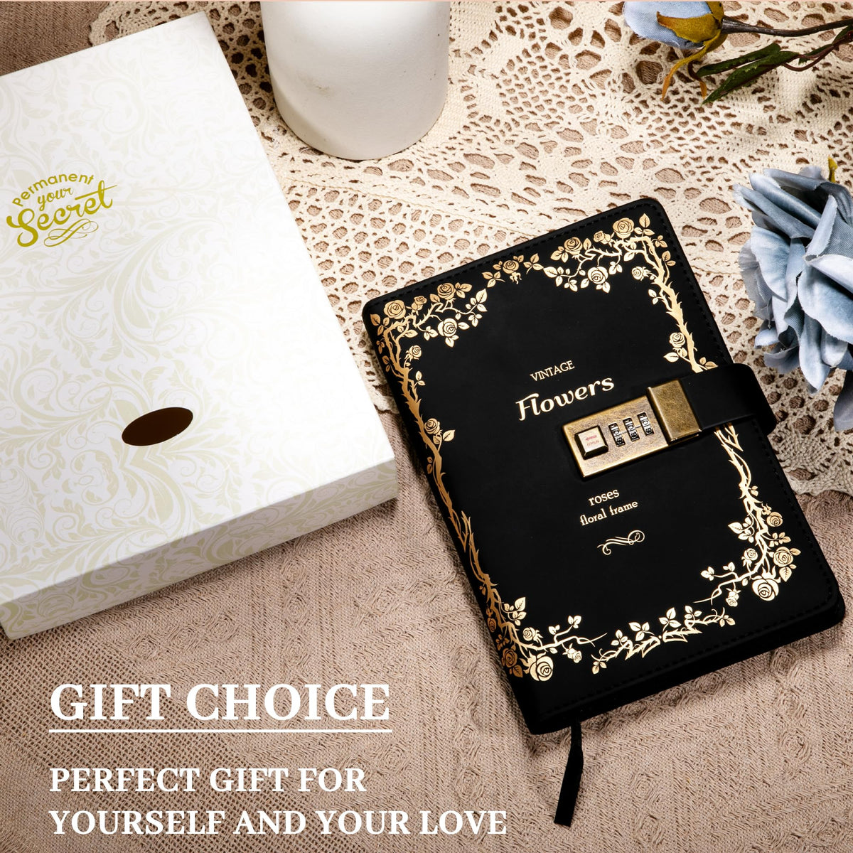 CAGIE Journal with Lock for Women Girls Refillable Lock Diary with Pen, Vintage Hot Foil Embossed Design Locking Journal for Gifts, Travel, 5.5 x 8 in, Black