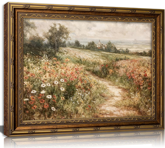 Vintage Gold Framed Canvas Wall Art Retro Country Nature Wildflower Landscape Painting Picture Wall Decor Farmhouse Rustic Floral Poster Print Artwork for Office Living Room Bedroom