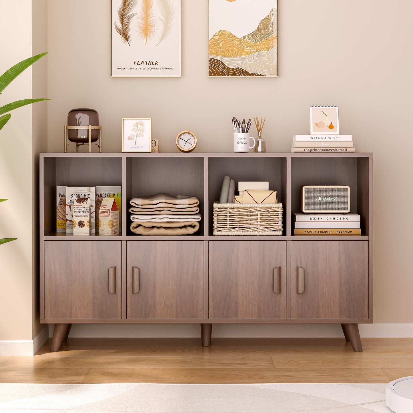 OSCHF Cubby Shelf Bookcase with Doors - Wooden 8 Cubes Floor Standing Open Bookshelf with Solid Wood Legs, 2-Tier Low Storage Cabinet, Walnut