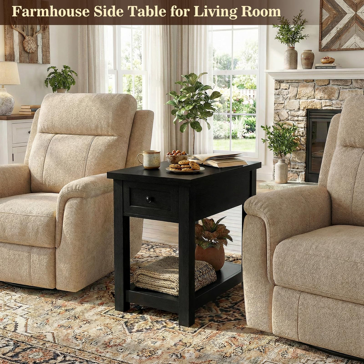 Armocity Narrow End Table with Charging Station - Farmhouse Side Table with Drawer, 14" Wide Wood Nightstand Slim Couch Bedside Table for Living Room Bedroom Small Spaces, Black