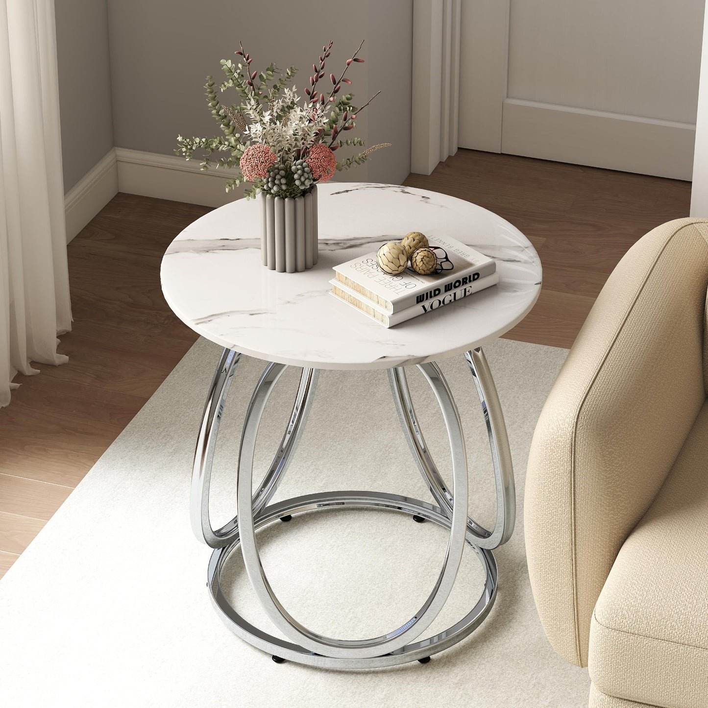 O&K FURNITURE Silver End Table, Round Side Table with Faux Marble Veins, Modern Nightstand for Bedroom, Living Room, Home Office, 1PC