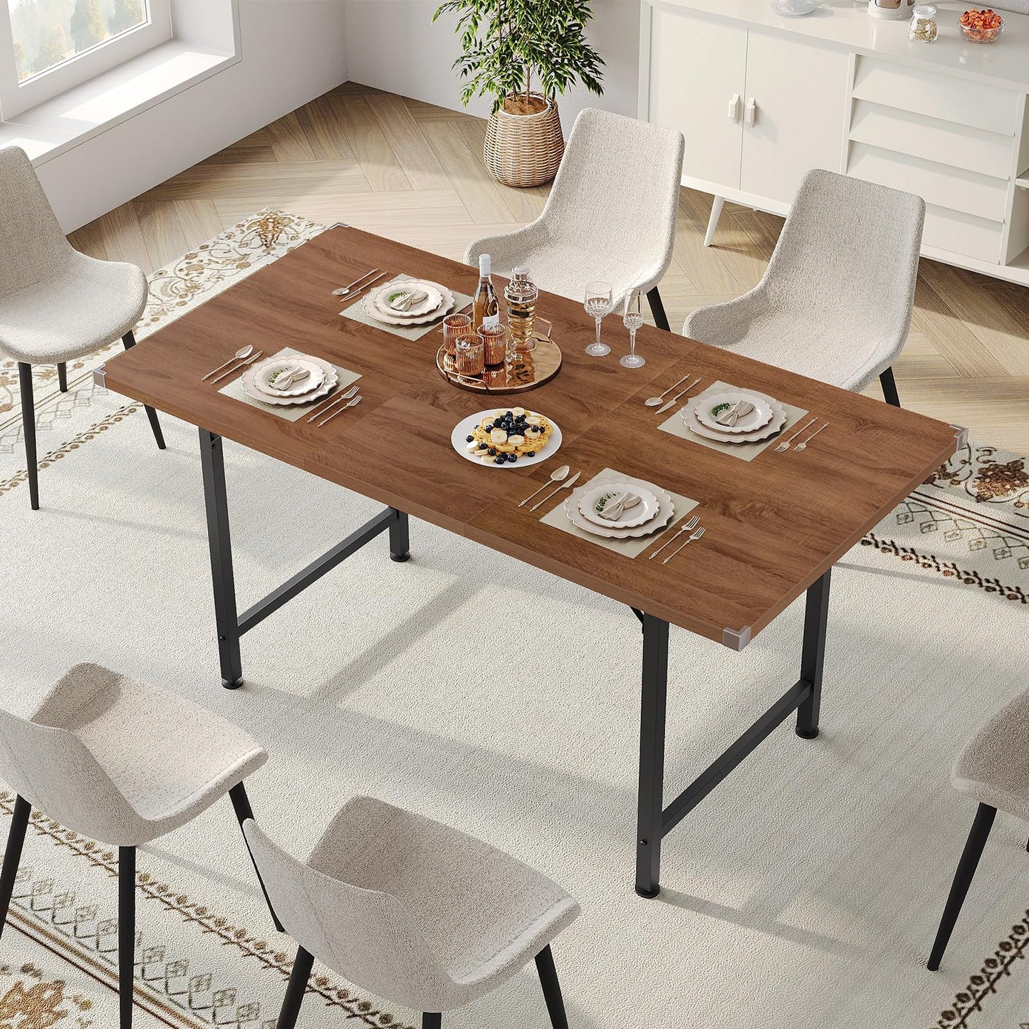 STHYTON 47.2"-63" Extendable Dining Table, Kitchen Table for 4-8 People, Modern Dinner Tables Furniture for Dining Room, Kitchen, Office, Living Room, Space Saving, Walnut and Black