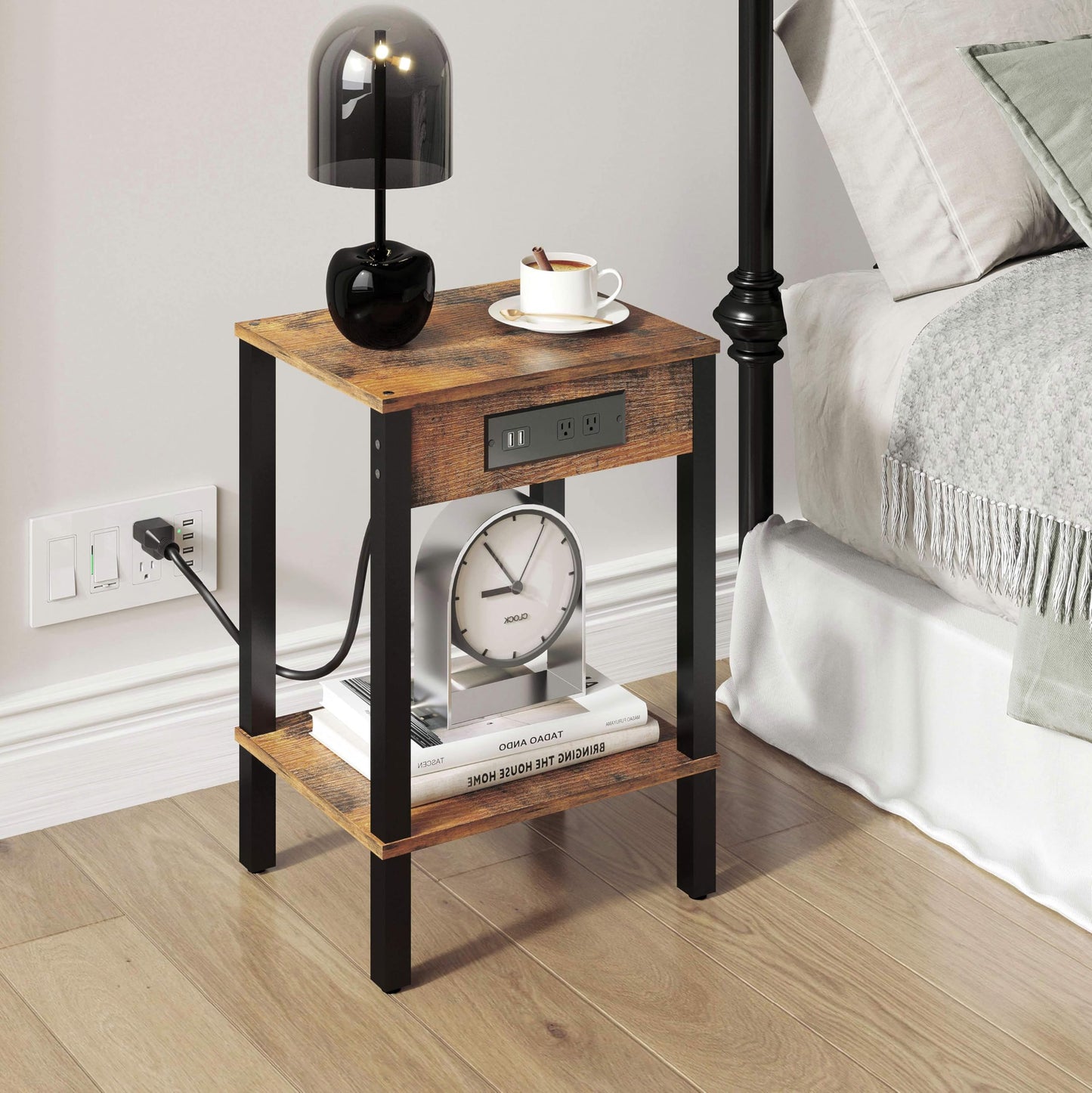 End Table with Charging Station, 2-Tier Nightstand with Storage Shelf,Modern Side Table,Bedside Table for Small Space in Living Room, Bedroom, Sofa Couch and Balcony, Rustic Brown MLBZ14RE
