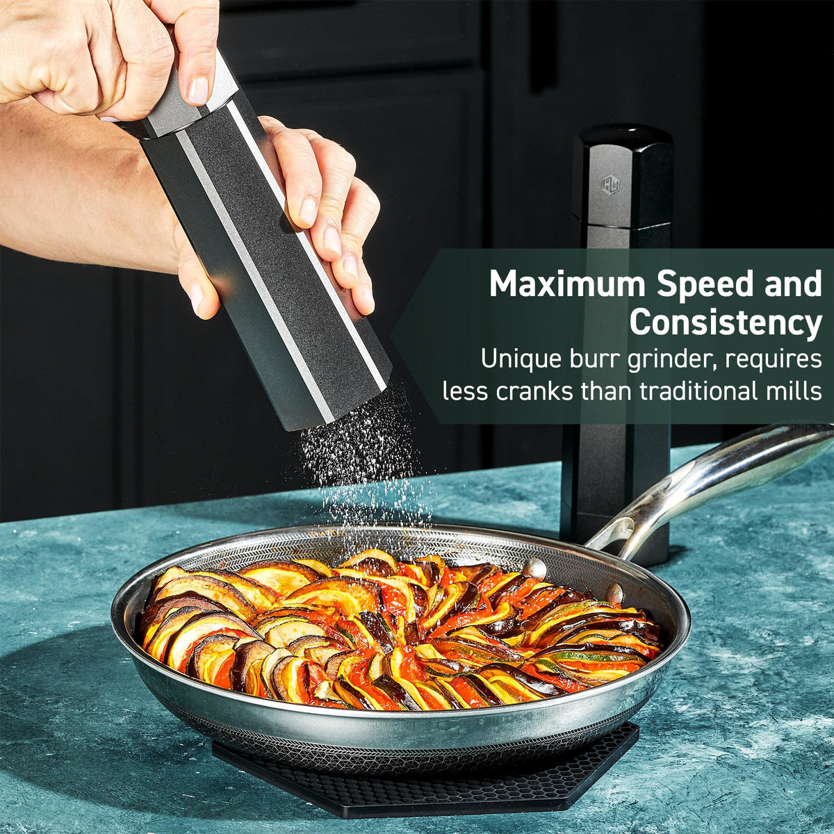 HexClad Salt and Pepper Mill Set with Adjustable Professional Grinders and No-Mess Caps