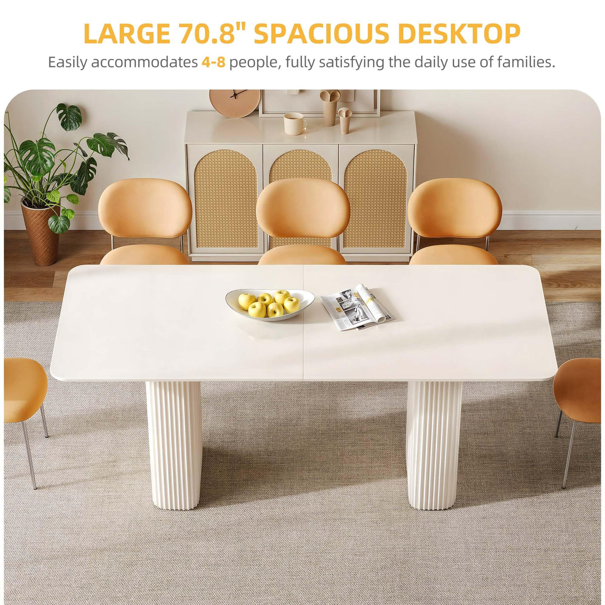 DWVO 70.8 Inch Dining Table for 6-8 People Modern Rectangular Kitchen Table Large Cream White Dinner Table with Solid Wave Curved Legs for Dining Room Kitchen Home Office Apartment, White