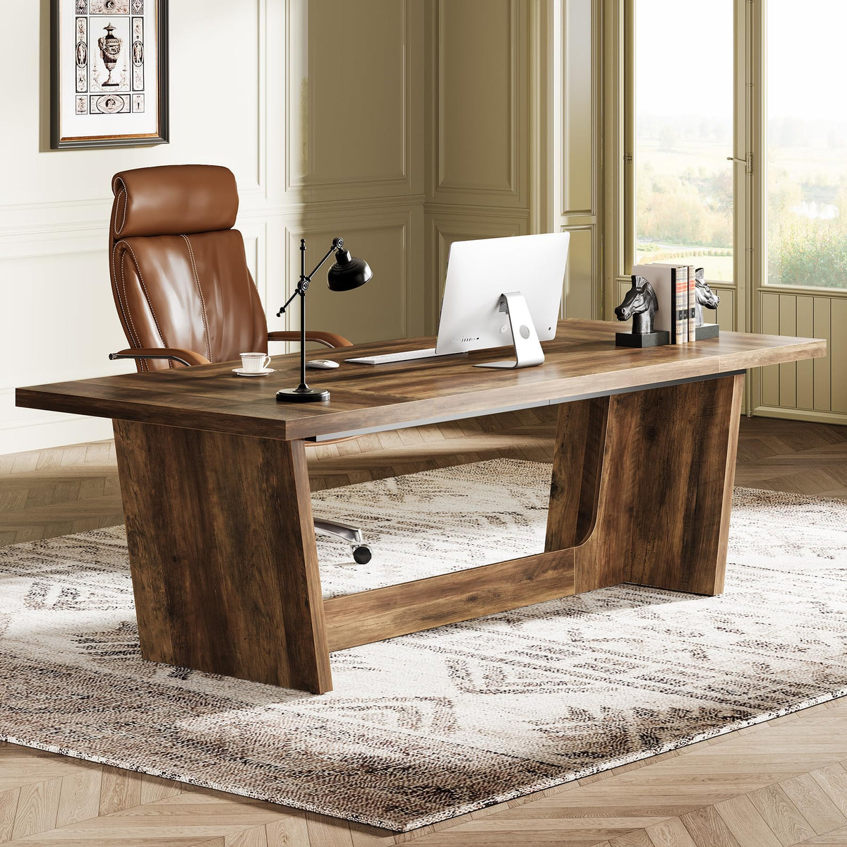 Tribesigns 70.87-Inch Executive Desk, Large Wood Desk for Home Office, Rustic Study Writing Table with Heavy-Duty Pedestal, Extra Long Business Workstation