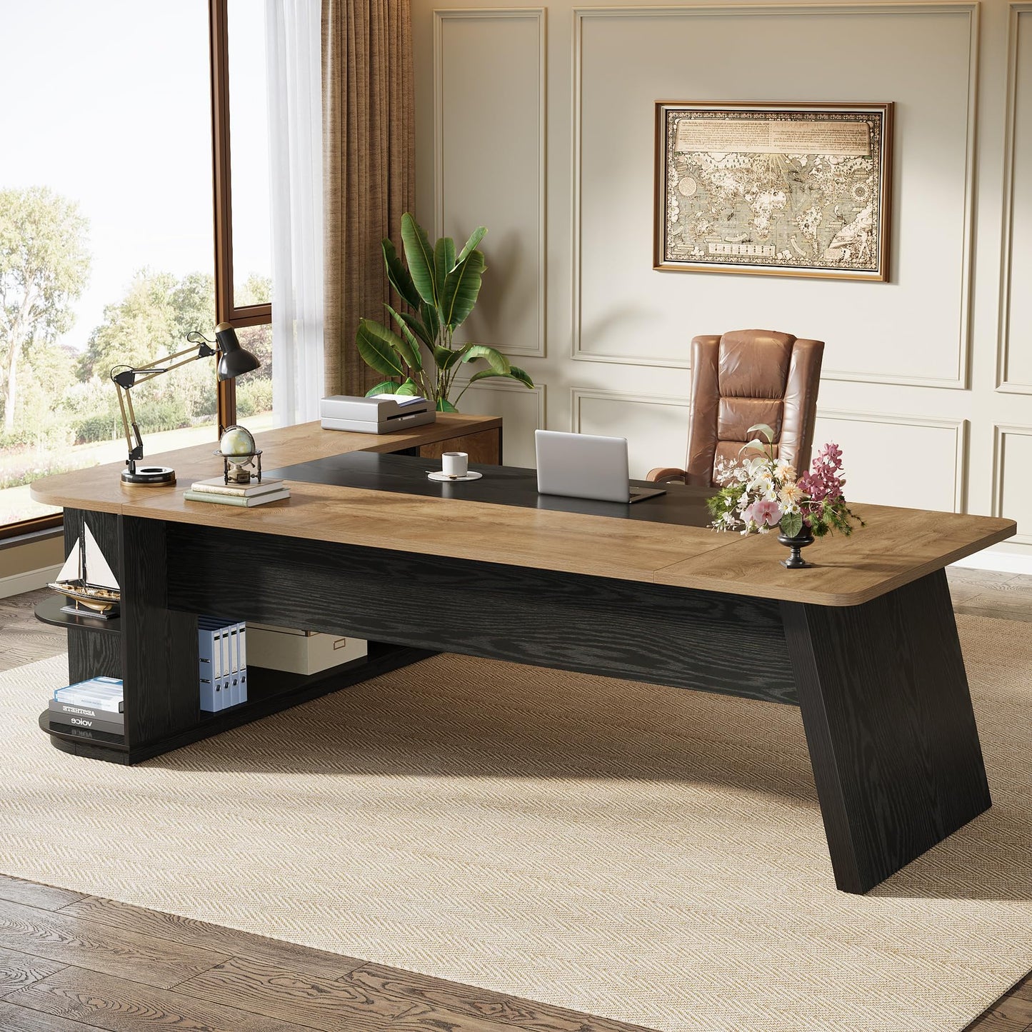 Tribesigns 79-Inch Executive Desk, Large Office Desk with Cabinet, L-Shaped Compter Desk with Storage Shelves, Writing Table for Home Office, Natural Oak and Black