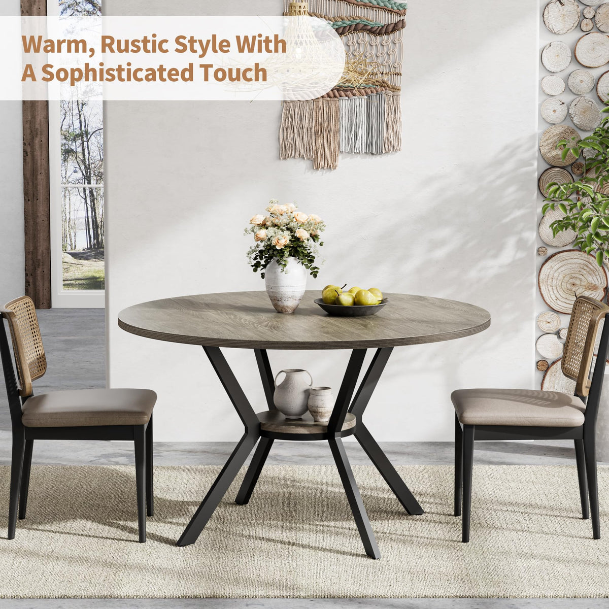 Round Dinner Table for 2-4, 42 Inch Kitchen & Dining Room Table with Storage, Wooden Circle Dining Table, Mid Century Modern Dining Table with Metal Legs for Kitchen, Living Room, Dining Room, Grey