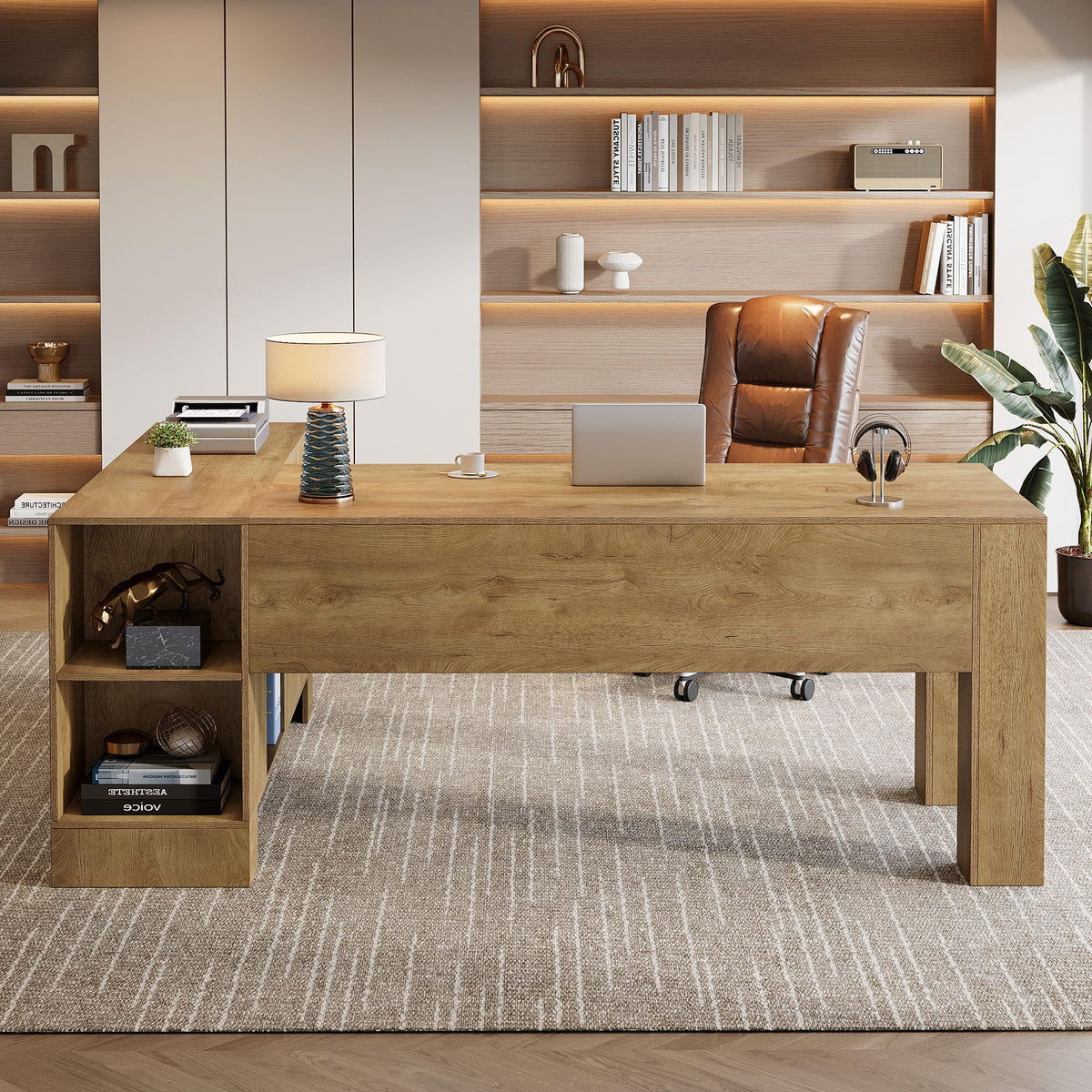 Tribesigns L-Shaped Executive Desk, 78-Inch Office Desk with Storage Cabinet and 2-Tier Shelf, Large Wooden Computer Writing Table Business Furniture Workstation for Home Office, Brown