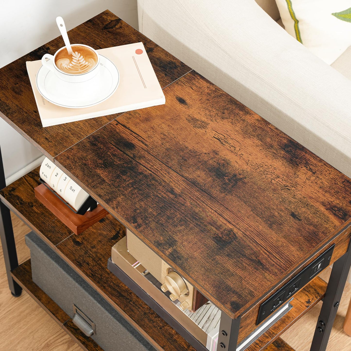 HOOBRO End Table with Charging Station, Simple Rustic Side Table with 3-Tier Storage Shelf, Narrow Nightstand for Small Spaces, for Living Room, Industrial Design, Rustic Brown and Black BF149UBZ01