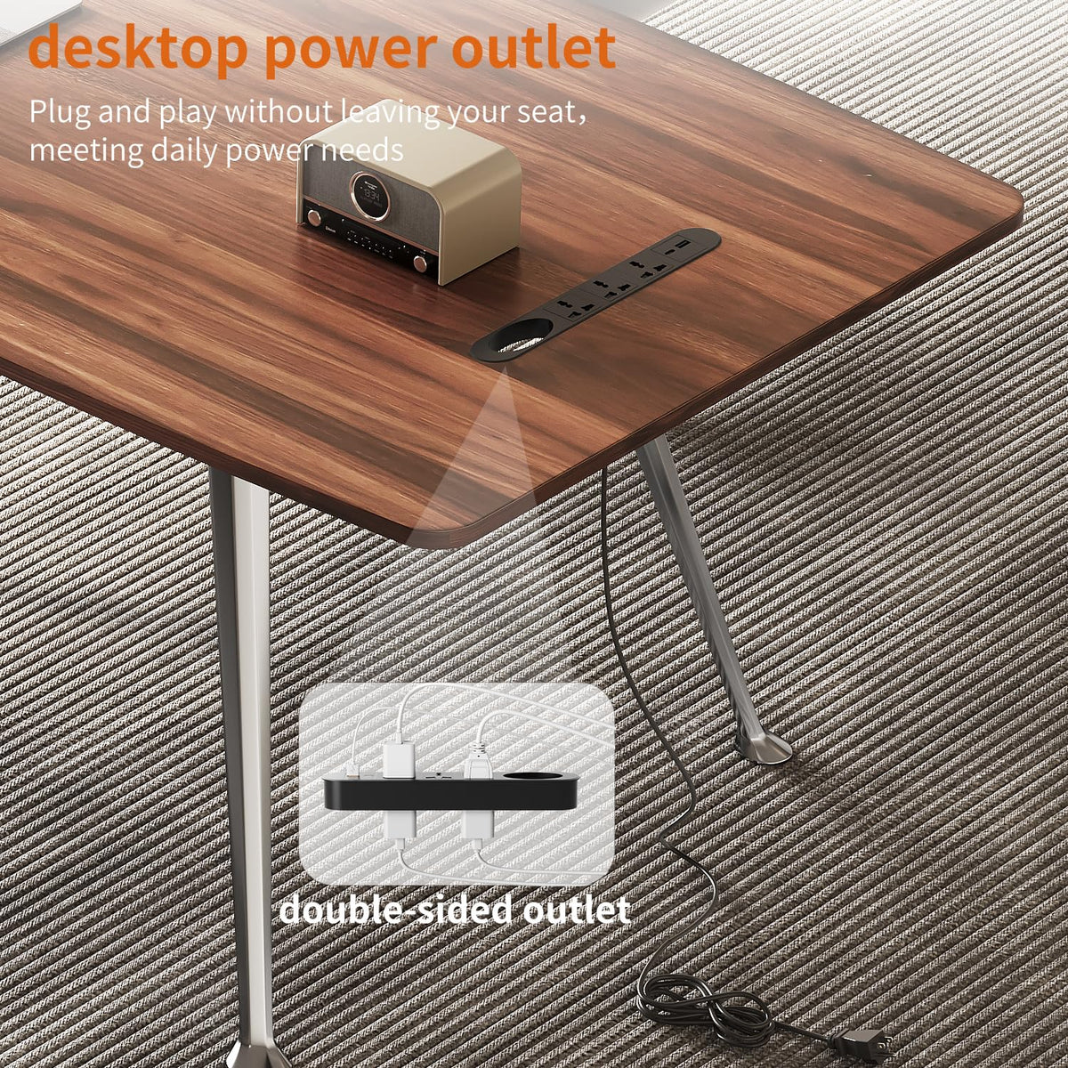 Writing Computer Desk, 60-Inch Large Executive Desk Office Workstation with Chrome-Plated Legs and Built-in Power Outlet, Writing Table Business Furniture, Modern Minimalist Style for Home Office