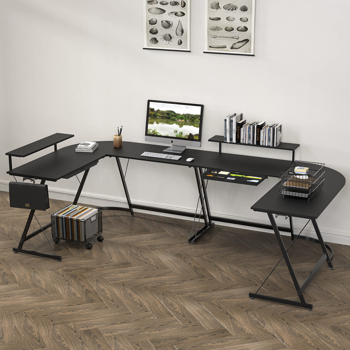 SHW 51 x 51 Inches Vista L-Shaped Desk with Monitor Stand and Drawer, Black