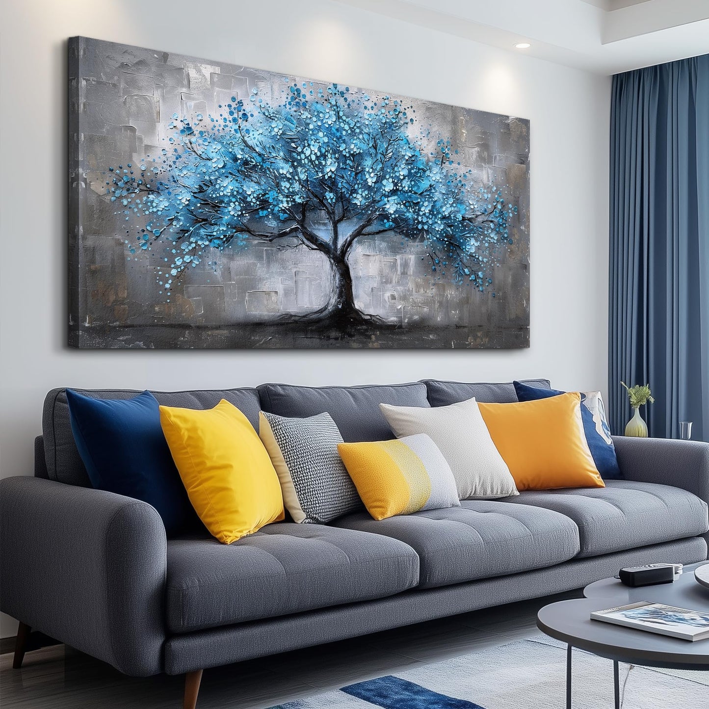 FUHAIHUA Canvas Wall Art For Living Room Wall Decor For Bedroom Office Decortions Black And White Wall Paintings Blue Trees Pictures Framed Mural Aesthetic Home Decor Posters Artwork 20x40 In