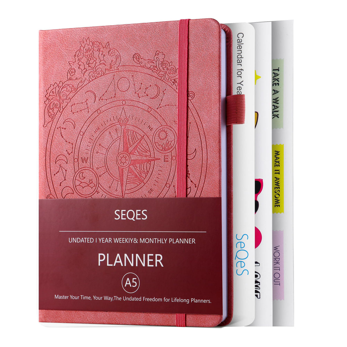 SEQES A5 Undated Planner- Leather Cover with goal tracker,full focus And habit To Increase Productivity organizer And Goal Setting & Reflection Journal | Weekly/Monthly Planner (pink)