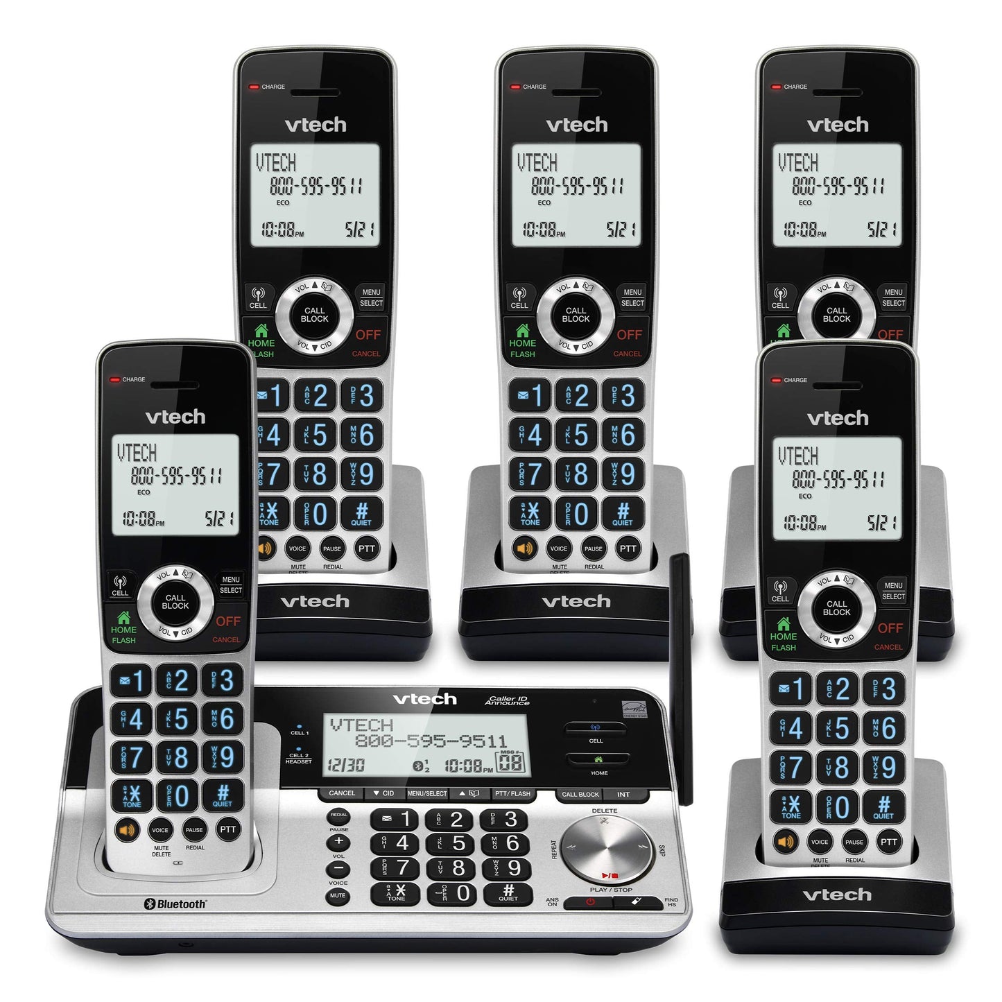 VTech VS113-5 Extended Range 5 Handset Cordless Phone for Home with Call Blocking, Connect to Cell Bluetooth, 2" Backlit Screen, Big Buttons, and Answering System, Silver & Black