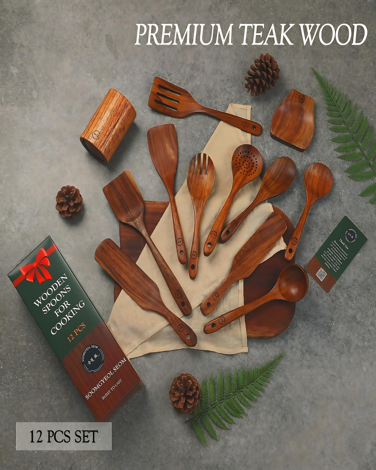 12-Piece Natural Teak Wood Utensil Set with Holder & Rest - Nonstick Cooking Spoons, Spurtles, Heat Resistant Tools