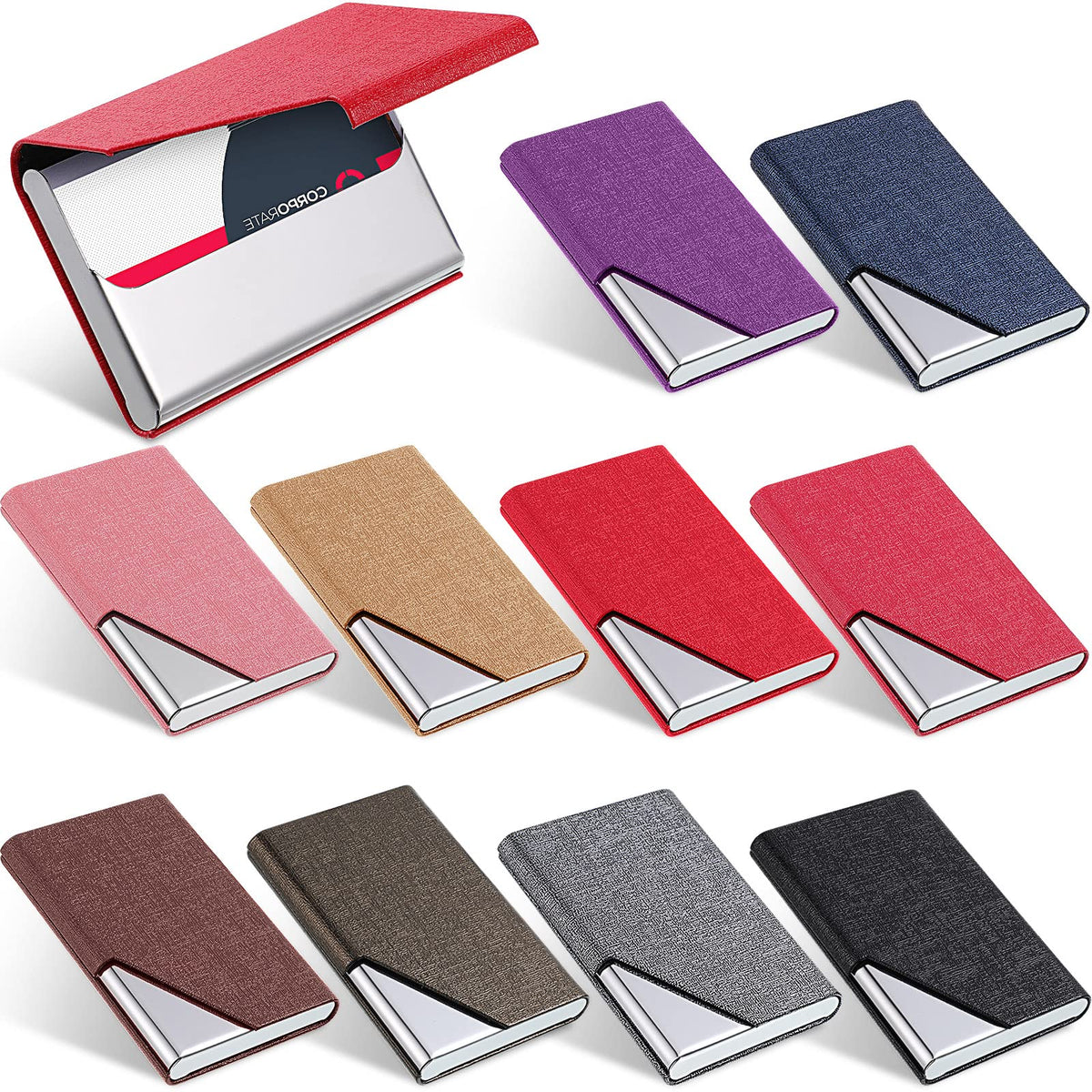 Yexiya 10 Pcs Business Card Holder Case Professional PU Leather & Stainless Steel Pocket Card, Metal Slim Credit Wallet with Magnetic Closure for Men Women Office Gifts, Multicolor