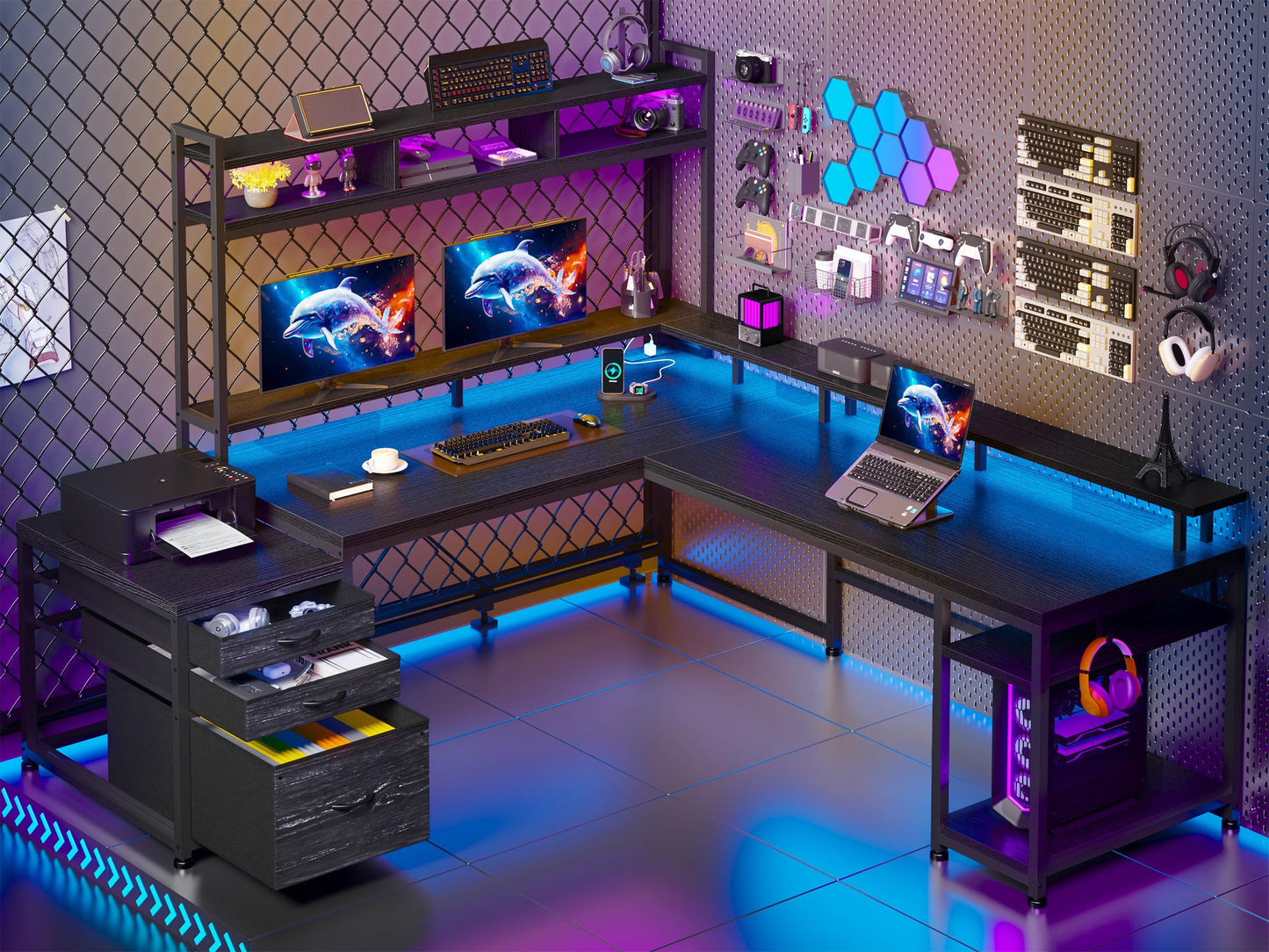 EnHomee104''Gaming Desk with Hutch and Drawers, Reversible L Shaped Desk with Power Outlet & Monitor Stand & LED Lights, Computer Corner Desk, Two Person Desk of 3 monitors for Living,Gaming,Black