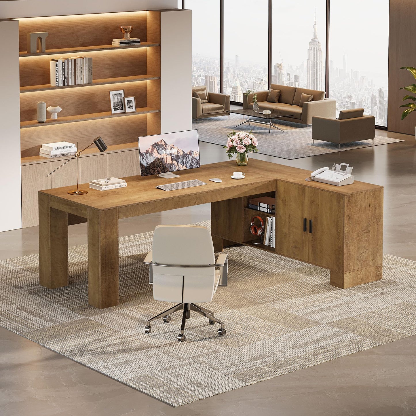 Tribesigns L-Shaped Executive Desk, 78-Inch Office Desk with Storage Cabinet and 2-Tier Shelf, Large Wooden Computer Writing Table Business Furniture Workstation for Home Office, Brown