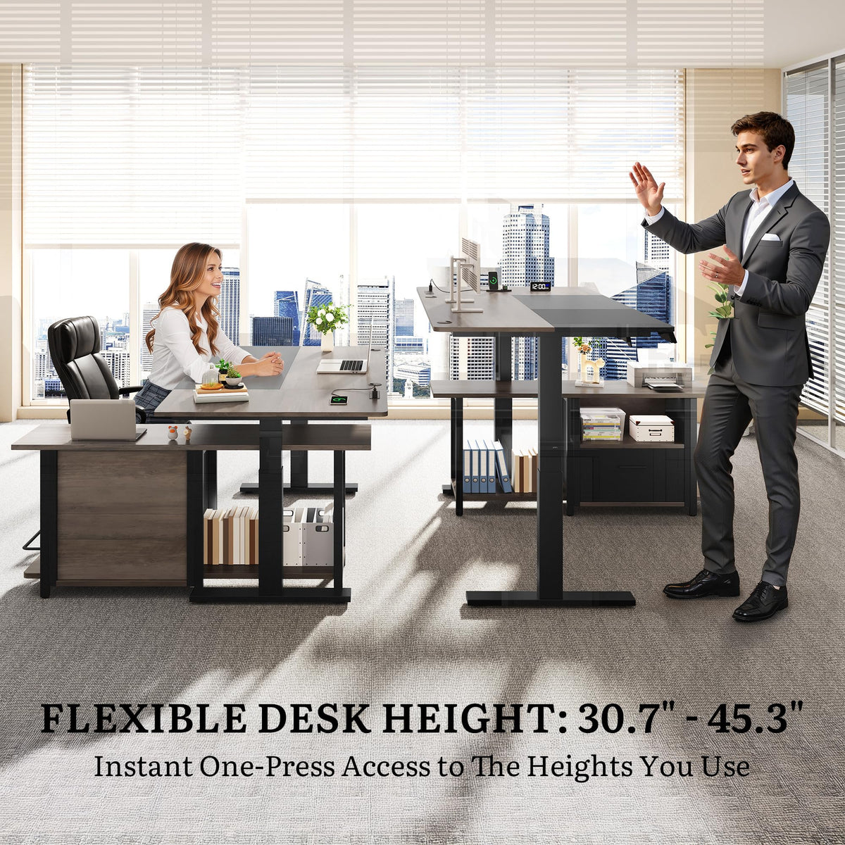 YITAHOME L Shaped Standing Desk with Power Outlets, 70.1" Electric Standing Desk Adjustable Height Sit Stand Corner Standing Desks Executive Desk with Drawers & Shelves, Grey + Black