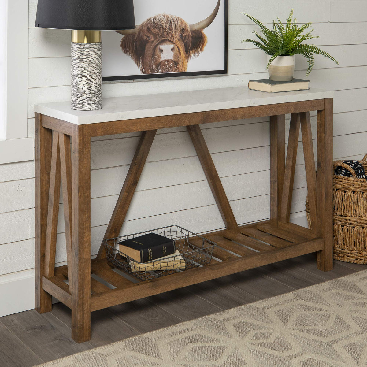 Walker Edison Modern Farmhouse Accent Entryway / Living Room End Table, 52 Inch, Color-Marble and Walnut