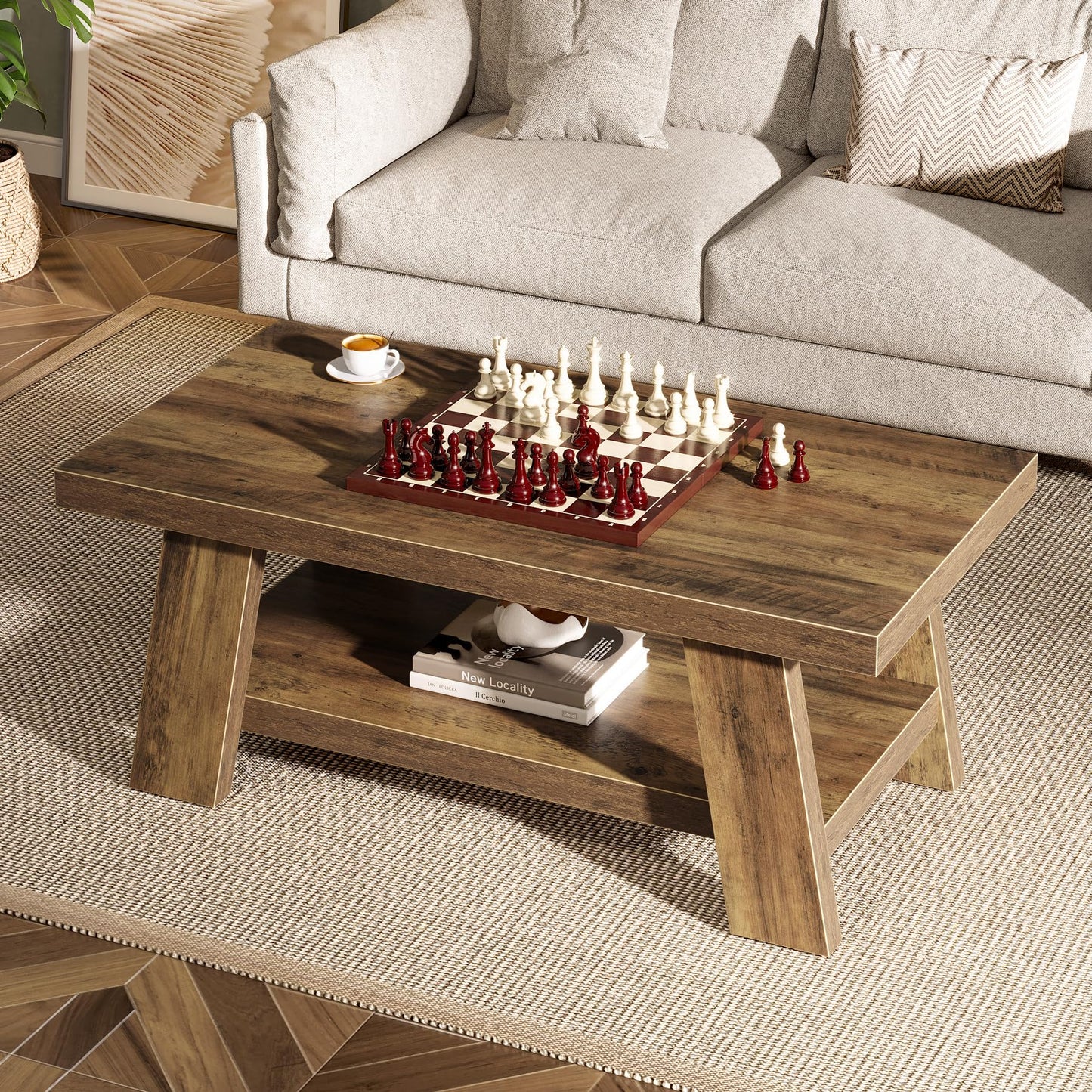 Tribesigns Farmhouse Coffee Tables for Living Room, 47.24" Rectangle Coffee Tables with Storage Shelves, Rustic Wooden Center Table for Apartment, Home Office (Rustic Brown)