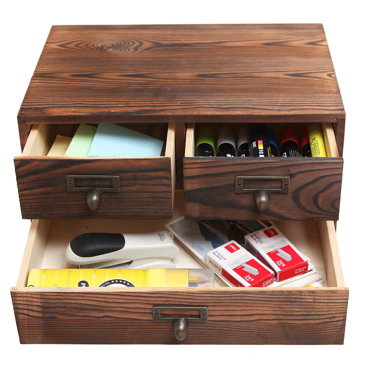 MyGift Wooden Desk Organizer with Drawers, Dark Brown Wood Desktop Storage Cabinet with 3 Drawers for Office Supplies, Sewing Kits and Accessories