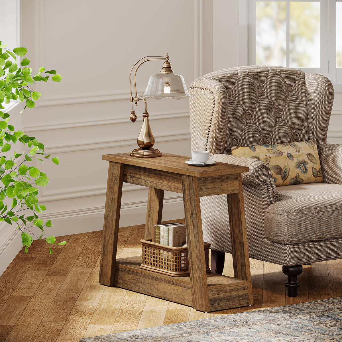 Tribesigns Wood End Table, Small Side Table with 2 Storage Shelves, Rustic Accent Narrow Nightstand for Living Room, Bedroom (1, Rustic Brown)