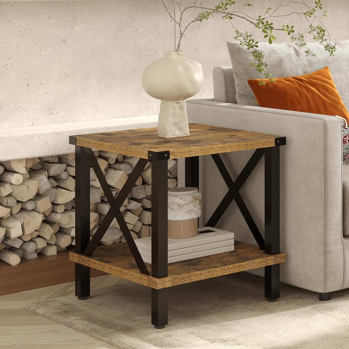 MMEOLUOOK Large End Table Farmhouse Side Table Industrial Style Sofa Table Coffee Table Metal X Accent Wood End Table NightStand with Storage Shelf for Living Room Bedroom MLBZ16R